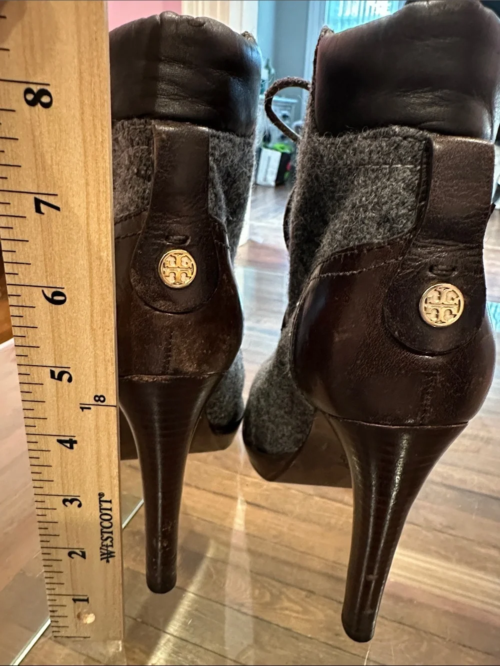 Tory Burch Lawson Dark Brown Leather & Gray Wool Lace-Up Stiletto Ankle Boots
